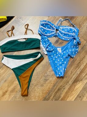 Blue Polka Dot Ruffle Bikini + Green, White & Brown Colorblock Set